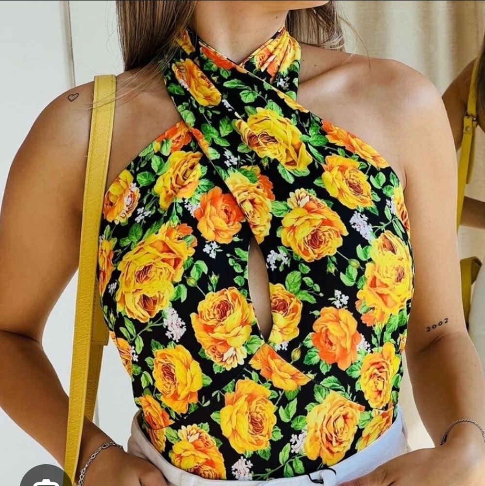 Zara NWT Yellow Multi Floral Cross Twist Neck Halter Top Bodysuit Med